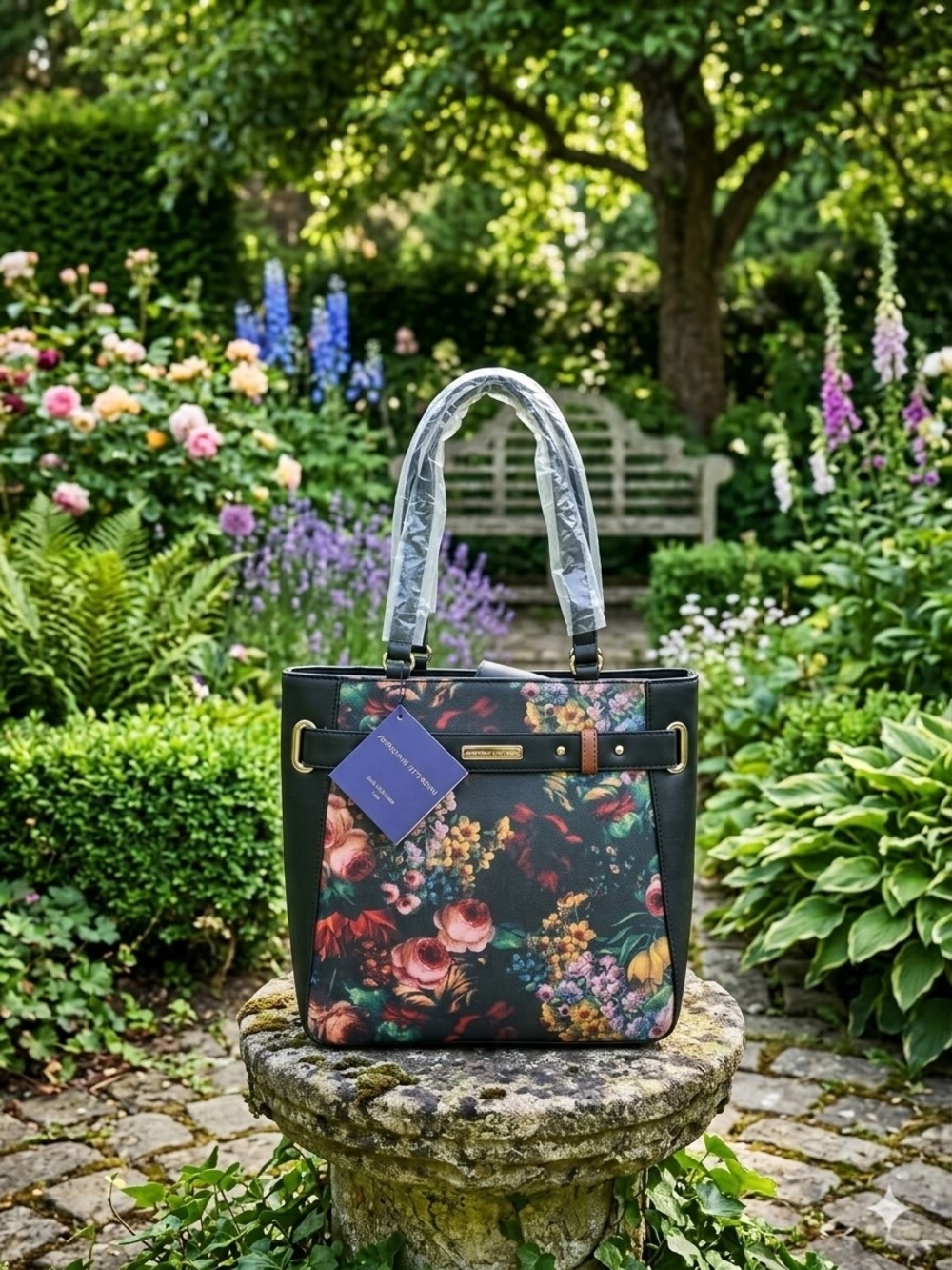Adrienne Vettadini Floral Print Tote Bag with Black Trim NWT